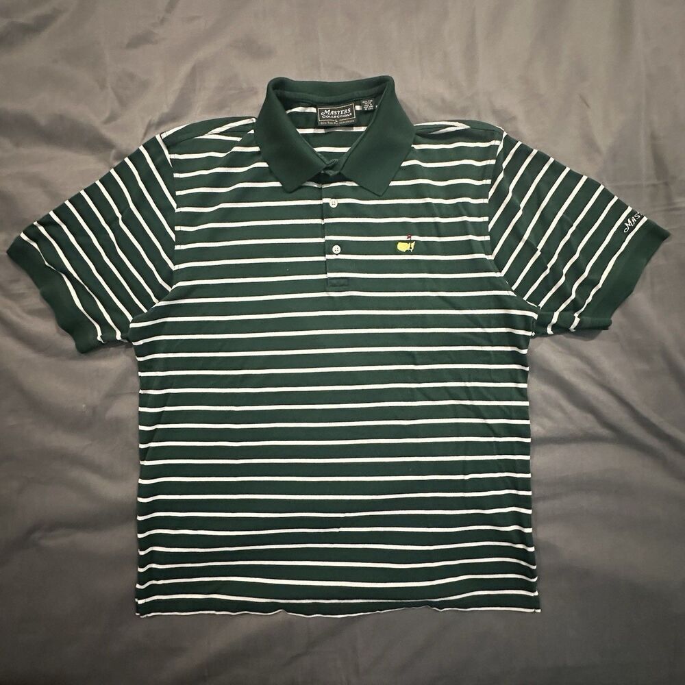 Vintage 90s Masters Polo Mens L Striped Green Pima Cotton 60s Two Ply Mercerized